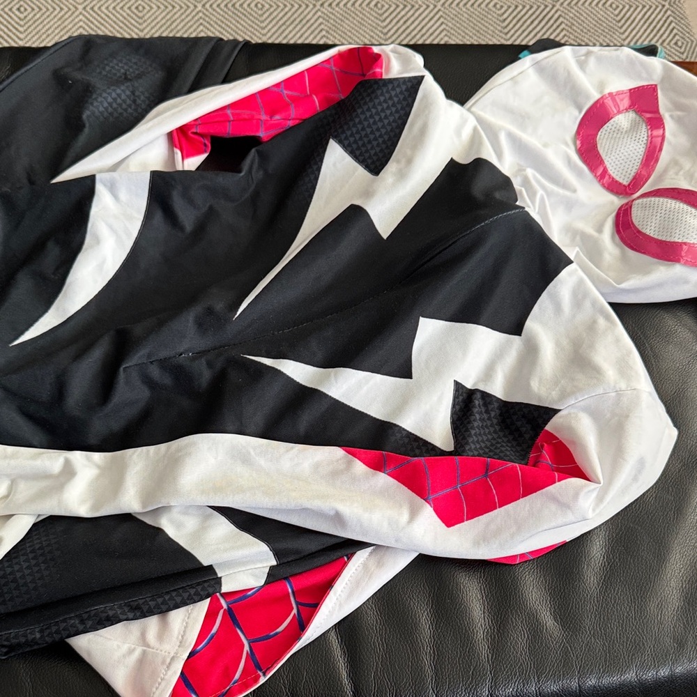 Black and White Ghost Spider Costume with Pink Accents